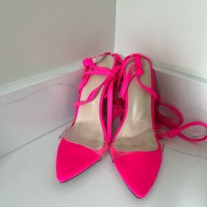 Pink lace up heels with transparent strap, size 7. Worn once.